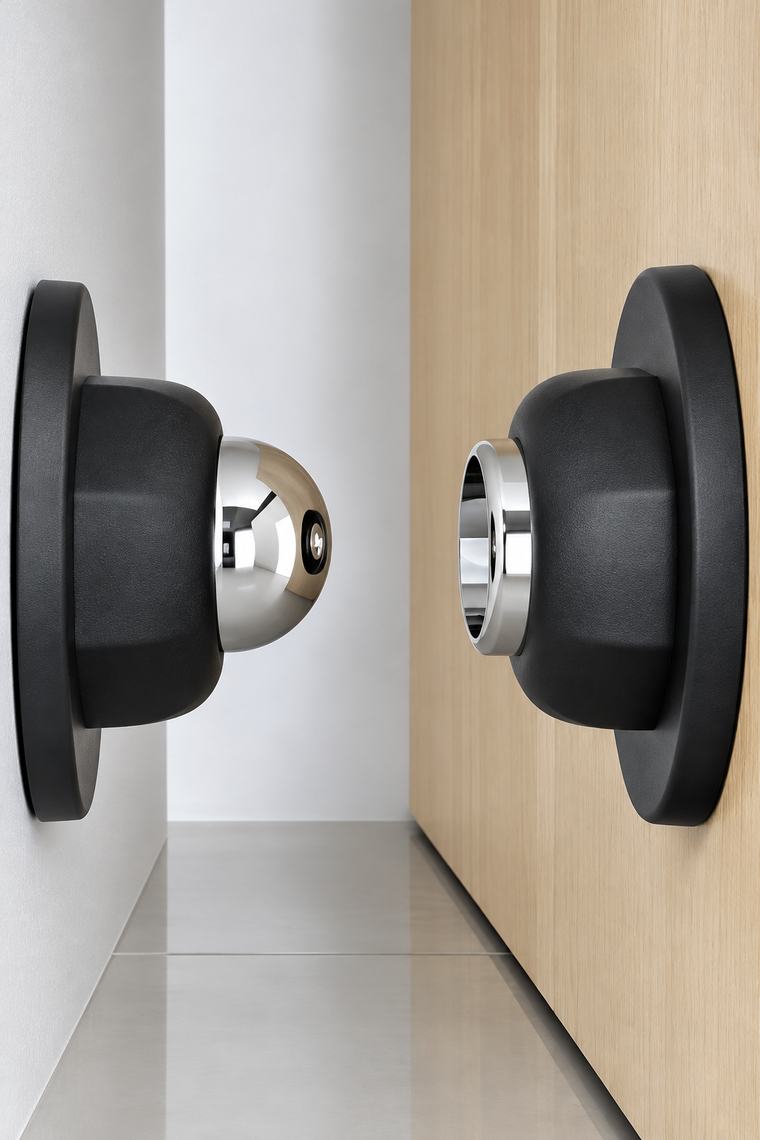 Tope magnético negro y cromado instalado en la pared y la puerta